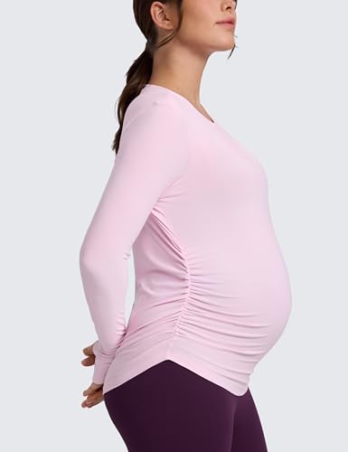 CRZ YOGA Maternity Side Ruched Tops - color: Pink Peony, size: Large