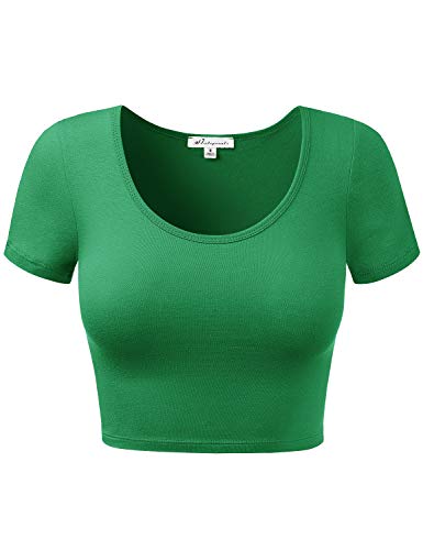 Women Cotton Scoop Neck Crop Tops Short Sleeve Basic Casual Shirts - color: 939-kelly Green, size: Medium