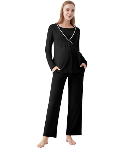WiWi Maternity Pajamas 2 Piece Bamboo Viscose Nursing Pajamas for Women Breastfeeding for Hospital Daily Sleepwear S-XXL - color: Black, size: Medium