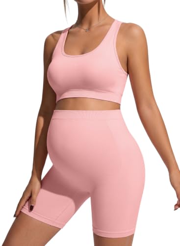 BLENCOT Maternity Workout Sets Pregnancy Yoga Ribbed Tank Tops with Bra - color: Pink, size: Large