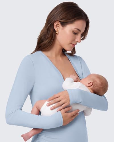 G4Free Lyocell Maternity Shirts Long Sleeve Button Front Henley Neck Ruched - color: Light Denim, size: Small