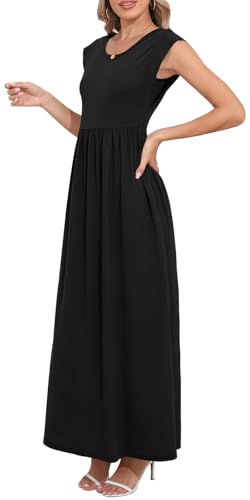 DB MOON Womens 2026 Maxi Dresses Empire Waist Long Summer Dress Casual Cap Short Sleeve Sundress with Pockets - color: Black 01, size: Medium