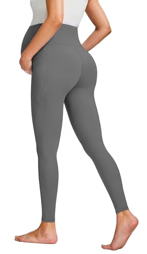 JOYSPELS Smooth Feeling Maternity Workout Leggings with Pockets Pregnancy Pants Over The Belly - color: Grey, size: Medium