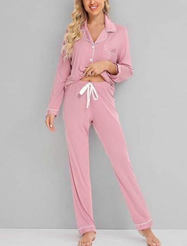 Leikar Button Up Pajamas For Women Long Sleeve Viscose Soft Pjs Lounge - color: Bean Paste, size: X-Large