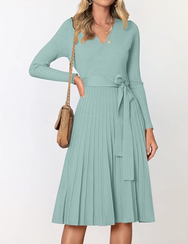 ZESICA Women's Long Sleeve Wrap Sweater Midi Dress with Belt - color: Lake, size: Small