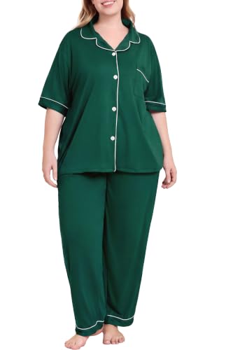 Women Plus Size Button Down Pajamas Long Pants Lounge Sets PJS - color: Dark Green, size: XX-Large