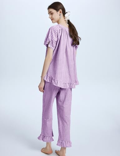 Flygo Women's Cotton Gingham Pajama Set 2 Piece Ruffle Lounge Sleepwear - color: Purple, size: Small