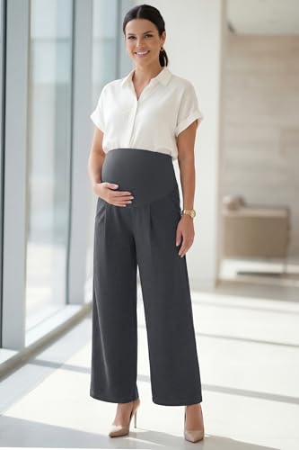 OUGES Women's Wide Leg Summer Business Casual Maternity Pants with Pockets - color: Grey, size: XX-Large