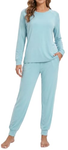 LUBOT 2026 Womens Pajamas Sets Bamboo Viscose Soft Breathable 2 Piece Pjs Long Sleeve Pants Jogging Loungewear Sleepwear - color: Aqua, size: Medium