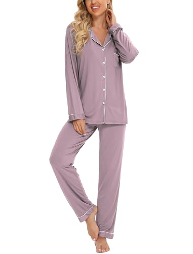 Leikar Button Up Pajamas For Women Long Sleeve Viscose Soft Pjs Lounge - color: Violet, size: Medium