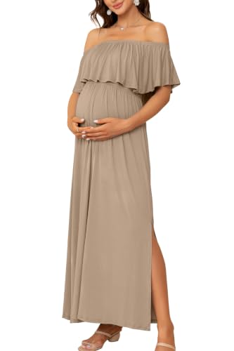 Off Shoulder Ruffle Sleeve Maternity Maxi Dress Side Slit - color: Khaki, size: Medium