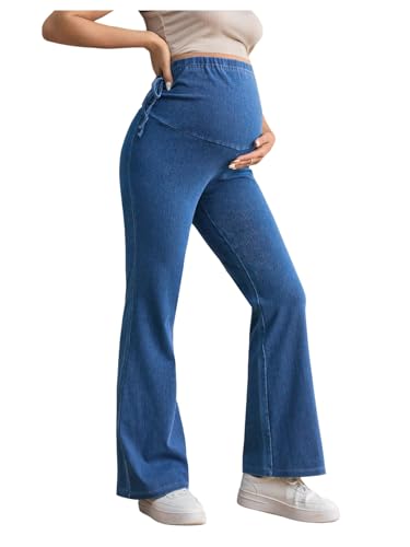 MakeMeChic Women's Maternity Jeans Elastic High Waisted Flared Leg Pregnancy Denim Pants - color: Blue, size: Medium
