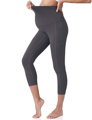 POSHDIVAH Maternity Capri Leggings with Pockets Pregnancy Workout Pants - color: Black Gray, size: Medium