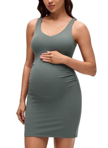 CRZ YOGA Maternity V Neck Mini Dress - color: Grey Sage, size: Small
