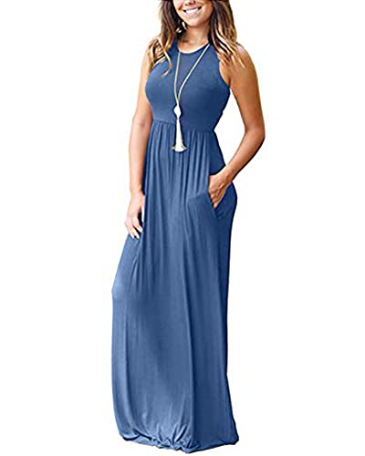 AUSELILY Women's Summer Sleeveless Loose Plain Casual Long Maxi Dresses - color: 01-beja Blue, size: Medium