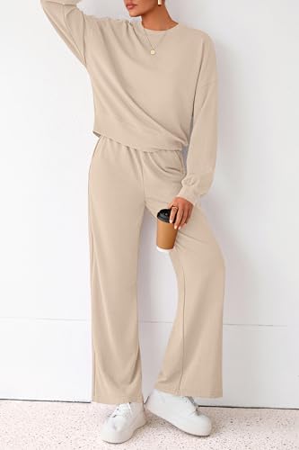 PRETTYGARDEN Women 2 Piece Outfits Fall Sweatsuit Lounge Set - color: Beige, size: Medium
