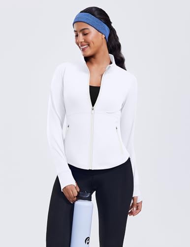 PINSPARK Women's Cropped Workout Jacket Lightweight Full Zip Running Jacket - color: White, size: Large