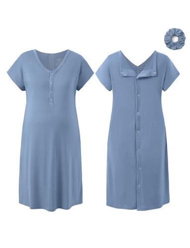PATPAT Maternity Labor and Delivery Gown, Womens Hospital Gown with Pockets - color: Dusty Blue, size: Medium (Fit S/M)