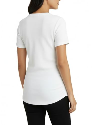 Motherhood Maternity Women's Short Sleeve Crew Neck Side Ruching Pregnancy Tee Shirt - color: White, size: Medium