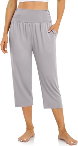 UEU Women's Yoga Capri Pants Loose Soft Drawstring Workout Sweatpants - color: Capris, Light Grey, size: Large