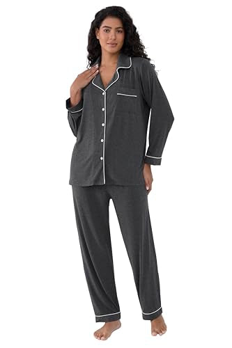 Joyaria Women's Cooling Bamboo Viscose Pajama Set Long Sleeve Button Front - color: Charcoal Gray, size: Small