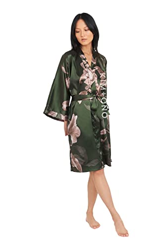 KIM+ONO Satin Short Kimono Robe for Women - color: Ayame - Olive