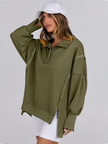 ANRABESS Sweatshirt for Women Oversized Casual Fall Henley Pullover Top - color: Army Green, size: Medium
