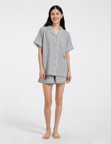 Womens Muslin Pajama Sets 100% Cotton Double Gauze Linen Like Short Pjs - color: Heathered Light Grey, size: Medium