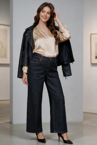 OUGES Women’s Maternity Jeans Adjustable Waistband Wide Leg Work Pants - color: Dark Blue, size: XX-Large