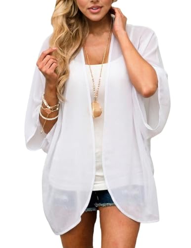 BB&KK Women's Chiffon Kimono Loose Casual Open Front Cover Ups - color: 01 White, size: Small