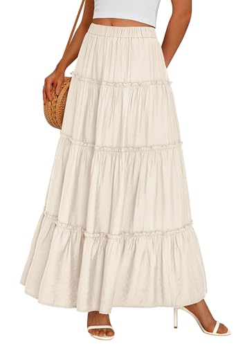 PRETTYGARDEN Women's Boho Tiered Ruffle Flowy Maxi Skirt - color: Beige, size: XX-Large