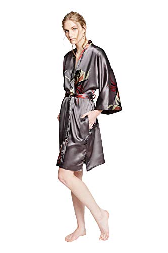 OLDSHANGHAI Satin Short Kimono Robe for Women - color: Hana - Gunmetal