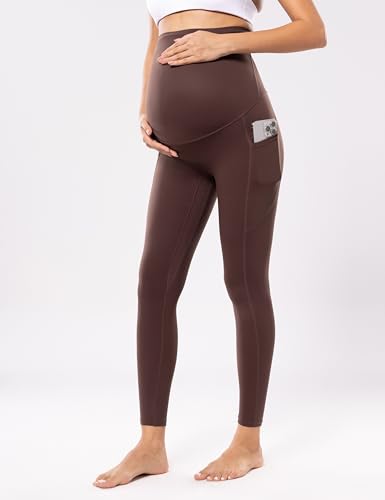 POSHDIVAH Maternity Workout Leggings with Pockets Ultra Soft Yoga Pants - color: Taupe, size: Large