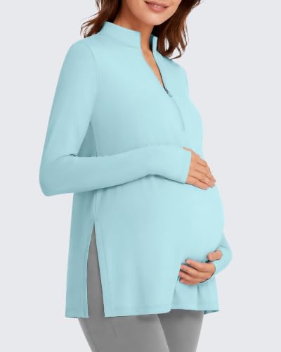 G4Free Lightbreeze Maternity Shirts Long Sleeve Half Zip Mock Neck Yoga - color: Light Blue, size: Medium