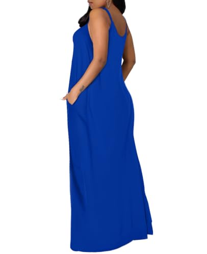 OFEEFAN Women's Maxi Dresses Summer Spaghetti Strap Dress with Pockets - color: Ac- Blue, size: Large