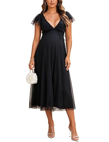 Maternity Midi Dress V Neck Flutter Sleeve Tie Waist Tulle Gown - color: Black, size: Medium