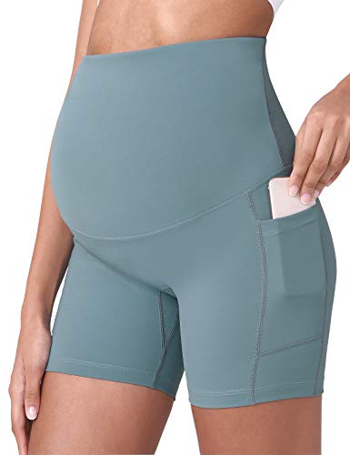 POSHDIVAH Maternity Biker Shorts Over the Belly with Pockets 5"/8" - color: Black Light Green, size: Medium