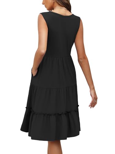 Summer Dresses for Women 2026 Flowy Casual Boho Midi Sun Dress with Pockets - color: Solid-black, size: Small