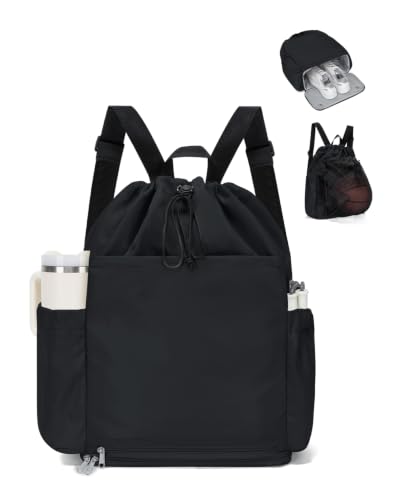 Drawstring Backpack with Shoe & Wet Compartments, Cup & Ball Holders, Black - color: Black