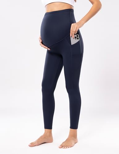 POSHDIVAH Maternity Workout Leggings with Pockets Ultra Soft Yoga Pants - color: Deep Navy, size: Medium