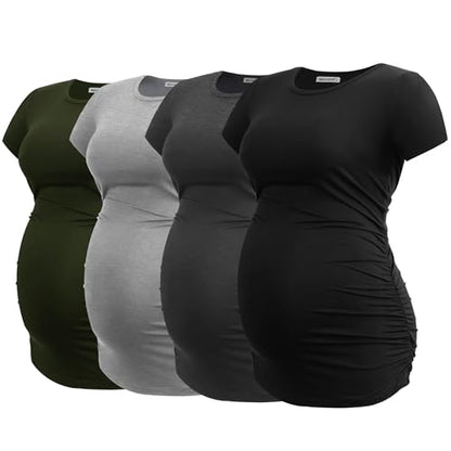 Smallshow Women's 4 Pack Maternity Shirts Short Sleeve Pregnancy Tops Clothes - color: Army Green-black-deep Grey-light Grey(4 Pack), size: X-Large