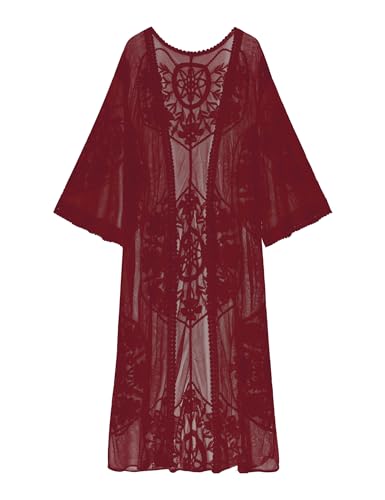 Romanstii Women's Lace Cardigan Floral Crochet Sheer Beach Cover Ups Long Kimono - color: V-wine Red