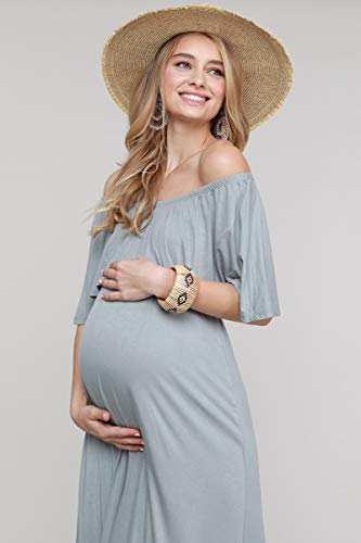 My Bump Women's Ruffle Off The Shoulder Maxi Maternity Dress-Made in USA - color: Blue Grey Solid, size: Medium