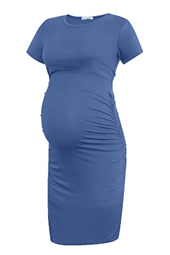 Smallshow Women's Short Sleeve Maternity Dress Ruched Pregnancy Clothes - color: Grey Blue, size: Small