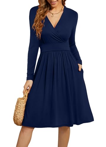 WEACZZY Women's Long Sleeve V Neck Casual Fall Dresses with Pockets - color: 01 Long Sleeve Navy Blue, size: XX-Large