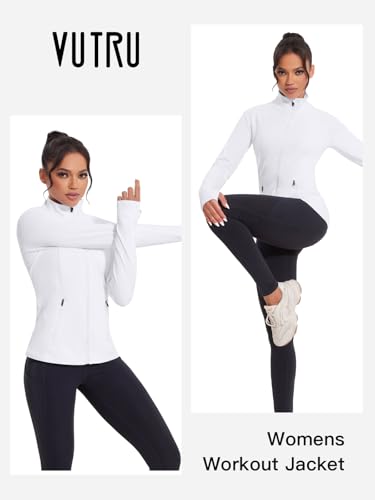 VUTRU Women Zip Up Athletic Jacket Slim Fit Workout Tops with Pocket - color: White, size: Medium