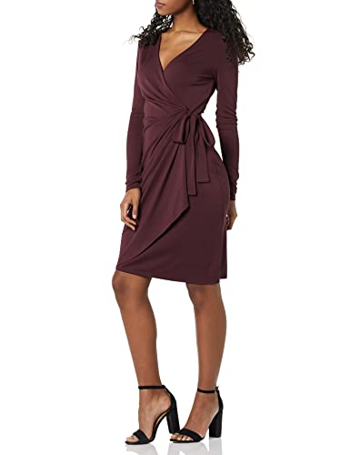 Amazon Essentials Women's Long Sleeve Classic Wrap Dress, V Neck, Pleated, Midweight Fabric (Available in Plus Size) - color: Burgundy, size: Small