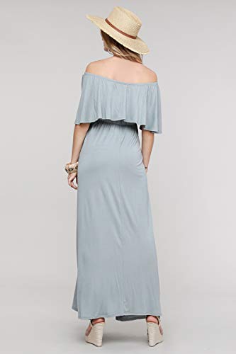My Bump Women's Ruffle Off The Shoulder Maxi Maternity Dress-Made in USA - color: Blue Grey Solid, size: Medium