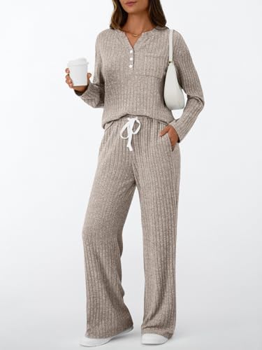 LILLUSORY Women's 2 Piece Matching Lounge Sets 2026 Trendy Fall Outfits - color: Camel, size: Large