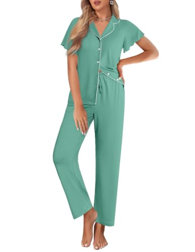 Ekouaer Pajamas for Women Set Ruffle Sleeve Button Up with Long Pants - color: Aqua Green, size: Medium